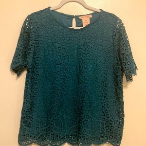 Philosophy Teal Short Sleeve Crewneck Lace Top Blouse Crochet Womens Casual